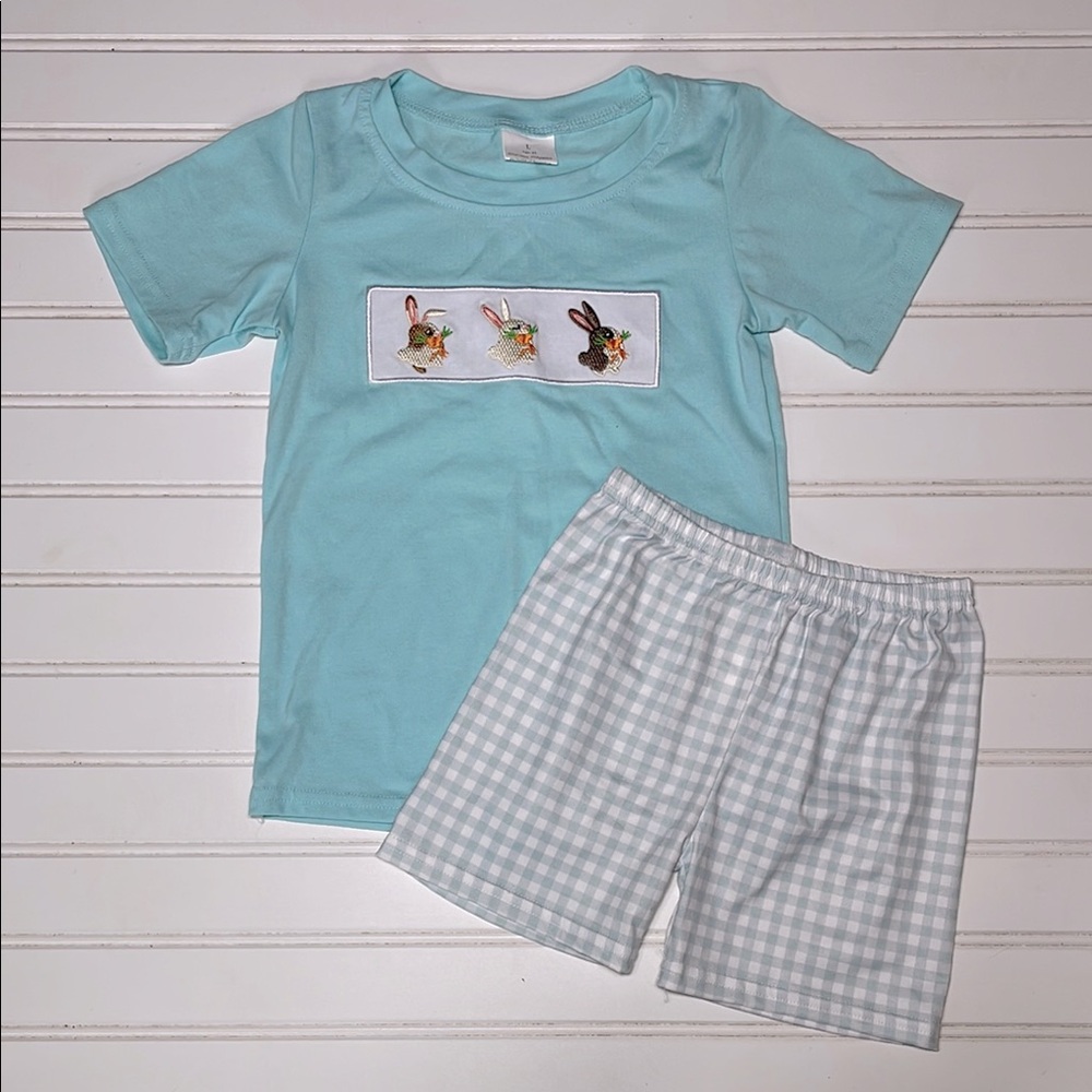 BOUTIQUE EUC Cross Stitch Embroidered Smocked Bunny Easter Gingham Set